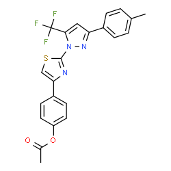 ChemSpider 2D Image | 4-{2-[3-(4-Methylphenyl)-5-(trifluoromethyl)-1H-pyrazol-1-yl]-1,3-thiazol-4-yl}phenyl acetate | C22H16F3N3O2S