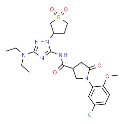 ChemSpider 2D Image | 1-(5-Chloro-2-methoxyphenyl)-N-[3-(diethylamino)-1-(1,1-dioxidotetrahydro-3-thiophenyl)-1H-1,2,4-triazol-5-yl]-5-oxo-3-pyrrolidinecarboxamide | C22H29ClN6O5S