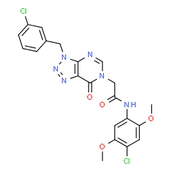 ChemSpider 2D Image | 2-[3-(3-Chlorobenzyl)-7-oxo-3,7-dihydro-6H-[1,2,3]triazolo[4,5-d]pyrimidin-6-yl]-N-(4-chloro-2,5-dimethoxyphenyl)acetamide | C21H18Cl2N6O4