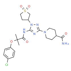 ChemSpider 2D Image | 1-[5-{[2-(4-Chlorophenoxy)-2-methylpropanoyl]amino}-1-(1,1-dioxidotetrahydro-3-thiophenyl)-1H-1,2,4-triazol-3-yl]-4-piperidinecarboxamide | C22H29ClN6O5S