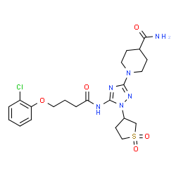 ChemSpider 2D Image | 1-[5-{[4-(2-Chlorophenoxy)butanoyl]amino}-1-(1,1-dioxidotetrahydro-3-thiophenyl)-1H-1,2,4-triazol-3-yl]-4-piperidinecarboxamide | C22H29ClN6O5S