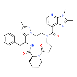 ChemSpider 2D Image | (16aS,19R)-19-Benzyl-7-[(2,3-dimethyl-3H-imidazo[4,5-b]pyridin-7-yl)carbonyl]-2-methyl-7,8,9,10,14,15,16,16a,18,19-decahydro-5H-pyrido[1,2-a][1,2,4]triazolo[5,1-f][1,4,7,10]tetraazacyclotetradecine-11
,17(6H,13H)-dione | C32H39N9O3
