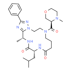 ChemSpider 2D Image | (13R,16R)-13-Isobutyl-16-methyl-7-{[(3R)-4-methyl-3-morpholinyl]carbonyl}-2-phenyl-5,6,7,8,9,10,12,13,15,16-decahydro[1,2,4]triazolo[1,5-d][1,4,7,10]tetraazacyclotetradecine-11,14-dione | C28H41N7O4