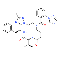 ChemSpider 2D Image | (13S,16S)-16-Benzyl-13-[(2S)-2-butanyl]-2-methyl-7-[2-(1H-1,2,4-triazol-1-yl)benzoyl]-5,6,7,8,9,10,12,13,15,16-decahydro[1,2,4]triazolo[1,5-d][1,4,7,10]tetraazacyclotetradecine-11,14-dione | C32H39N9O3