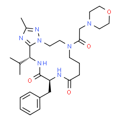 ChemSpider 2D Image | (13S,16R)-13-Benzyl-16-isopropyl-2-methyl-7-(4-morpholinylacetyl)-5,6,7,8,9,10,12,13,15,16-decahydro[1,2,4]triazolo[1,5-d][1,4,7,10]tetraazacyclotetradecine-11,14-dione | C28H41N7O4
