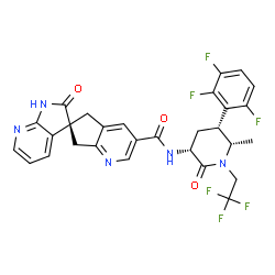 ChemSpider 2D Image | (6S)-N-[(3R,5R,6S)-6-Methyl-2-oxo-1-(2,2,2-trifluoroethyl)-5-(2,3,6-trifluorophenyl)-3-piperidinyl]-2'-oxo-1',2',5,7-tetrahydrospiro[cyclopenta[b]pyridine-6,3'-pyrrolo[2,3-b]pyridine]-3-carboxamide | C29H23F6N5O3