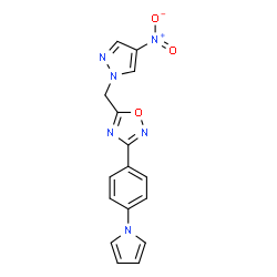 ChemSpider 2D Image | 5-[(4-Nitro-1H-pyrazol-1-yl)methyl]-3-[4-(1H-pyrrol-1-yl)phenyl]-1,2,4-oxadiazole | C16H12N6O3