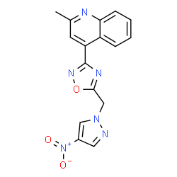 ChemSpider 2D Image | 2-Methyl-4-{5-[(4-nitro-1H-pyrazol-1-yl)methyl]-1,2,4-oxadiazol-3-yl}quinoline | C16H12N6O3
