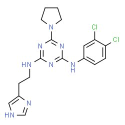 ChemSpider 2D Image | N-(3,4-Dichlorophenyl)-N'-[2-(1H-imidazol-4-yl)ethyl]-6-(1-pyrrolidinyl)-1,3,5-triazine-2,4-diamine | C18H20Cl2N8