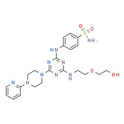 ChemSpider 2D Image | 4-[(4-{[2-(2-Hydroxyethoxy)ethyl]amino}-6-[4-(2-pyridinyl)-1-piperazinyl]-1,3,5-triazin-2-yl)amino]benzenesulfonamide | C22H29N9O4S