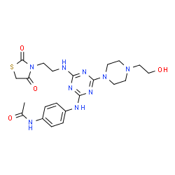 ChemSpider 2D Image | N-{4-[(4-{[2-(2,4-Dioxo-1,3-thiazolidin-3-yl)ethyl]amino}-6-[4-(2-hydroxyethyl)-1-piperazinyl]-1,3,5-triazin-2-yl)amino]phenyl}acetamide | C22H29N9O4S