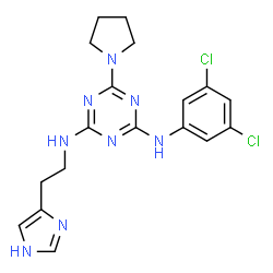 ChemSpider 2D Image | N-(3,5-Dichlorophenyl)-N'-[2-(1H-imidazol-4-yl)ethyl]-6-(1-pyrrolidinyl)-1,3,5-triazine-2,4-diamine | C18H20Cl2N8