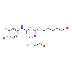 ChemSpider 2D Image | 5-({4-[(4-Bromo-3-methylphenyl)amino]-6-[(2-hydroxyethyl)(methyl)amino]-1,3,5-triazin-2-yl}amino)-1-pentanol | C18H27BrN6O2