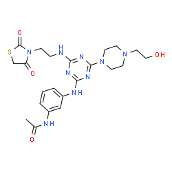 ChemSpider 2D Image | N-{3-[(4-{[2-(2,4-Dioxo-1,3-thiazolidin-3-yl)ethyl]amino}-6-[4-(2-hydroxyethyl)-1-piperazinyl]-1,3,5-triazin-2-yl)amino]phenyl}acetamide | C22H29N9O4S