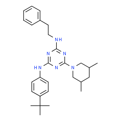 ChemSpider 2D Image | 6-(3,5-Dimethyl-1-piperidinyl)-N-[4-(2-methyl-2-propanyl)phenyl]-N'-(2-phenylethyl)-1,3,5-triazine-2,4-diamine | C28H38N6
