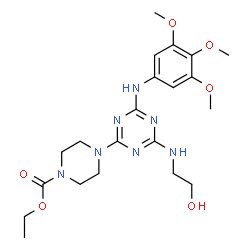 ChemSpider 2D Image | Ethyl 4-{4-[(2-hydroxyethyl)amino]-6-[(3,4,5-trimethoxyphenyl)amino]-1,3,5-triazin-2-yl}-1-piperazinecarboxylate | C21H31N7O6
