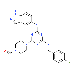 ChemSpider 2D Image | 1-(4-{4-[(4-Fluorobenzyl)amino]-6-(1H-indazol-5-ylamino)-1,3,5-triazin-2-yl}-1-piperazinyl)ethanone | C23H24FN9O