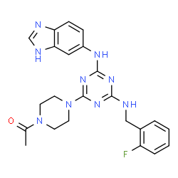 ChemSpider 2D Image | 1-(4-{4-(1H-Benzimidazol-6-ylamino)-6-[(2-fluorobenzyl)amino]-1,3,5-triazin-2-yl}-1-piperazinyl)ethanone | C23H24FN9O
