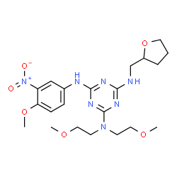 ChemSpider 2D Image | N~2~,N~2~-Bis(2-methoxyethyl)-N~4~-(4-methoxy-3-nitrophenyl)-N~6~-(tetrahydro-2-furanylmethyl)-1,3,5-triazine-2,4,6-triamine | C21H31N7O6