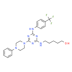 ChemSpider 2D Image | 5-{[4-(4-Phenyl-1-piperazinyl)-6-{[4-(trifluoromethyl)phenyl]amino}-1,3,5-triazin-2-yl]amino}-1-pentanol | C25H30F3N7O