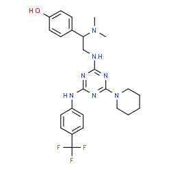 ChemSpider 2D Image | 4-[1-(Dimethylamino)-2-{[4-(1-piperidinyl)-6-{[4-(trifluoromethyl)phenyl]amino}-1,3,5-triazin-2-yl]amino}ethyl]phenol | C25H30F3N7O