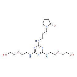 ChemSpider 2D Image | 1-{3-[(4,6-Bis{[2-(2-hydroxyethoxy)ethyl]amino}-1,3,5-triazin-2-yl)amino]propyl}-2-pyrrolidinone | C18H33N7O5