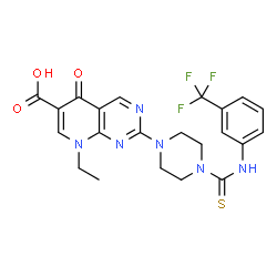 ChemSpider 2D Image | 8-ethyl-5-oxo-2-(4-{[3-(trifluoromethyl)phenyl]carbamothioyl}piperazin-1-yl)-5H,8H-pyrido[2,3-d]pyrimidine-6-carboxylic acid | C22H21F3N6O3S