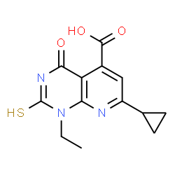 ChemSpider 2D Image | 7-cyclopropyl-1-ethyl-4-oxo-2-sulfanyl-1H,4H-pyrido[2,3-d]pyrimidine-5-carboxylic acid | C13H13N3O3S