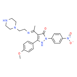 ChemSpider 2D Image | 5-(4-Methoxyphenyl)-2-(4-nitrophenyl)-4-{(1E)-N-[2-(1-piperazinyl)ethyl]ethanimidoyl}-1,2-dihydro-3H-pyrazol-3-one | C24H28N6O4
