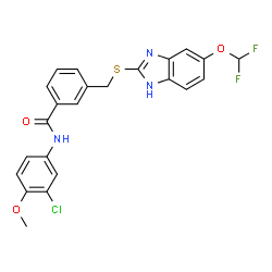 ChemSpider 2D Image | N-(3-Chloro-4-methoxyphenyl)-3-({[5-(difluoromethoxy)-1H-benzimidazol-2-yl]sulfanyl}methyl)benzamide | C23H18ClF2N3O3S