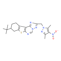 ChemSpider 2D Image | 2-[(3,5-Dimethyl-4-nitro-1H-pyrazol-1-yl)methyl]-9-(2-methyl-2-propanyl)-8,9,10,11-tetrahydro[1]benzothieno[3,2-e][1,2,4]triazolo[1,5-c]pyrimidine | C21H25N7O2S