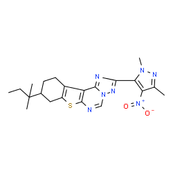 ChemSpider 2D Image | 2-(1,3-Dimethyl-4-nitro-1H-pyrazol-5-yl)-9-(2-methyl-2-butanyl)-8,9,10,11-tetrahydro[1]benzothieno[3,2-e][1,2,4]triazolo[1,5-c]pyrimidine | C21H25N7O2S