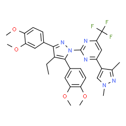 ChemSpider 2D Image | 2-[3,5-Bis(3,4-dimethoxyphenyl)-4-ethyl-1H-pyrazol-1-yl]-4-(1,3-dimethyl-1H-pyrazol-4-yl)-6-(trifluoromethyl)pyrimidine | C31H31F3N6O4
