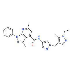 ChemSpider 2D Image | N-{1-[(1-Ethyl-5-methyl-1H-pyrazol-4-yl)methyl]-1H-pyrazol-4-yl}-3,6-dimethyl-1-phenyl-1H-pyrazolo[3,4-b]pyridine-4-carboxamide | C25H26N8O