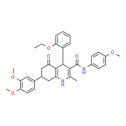 ChemSpider 2D Image | 7-(3,4-Dimethoxyphenyl)-4-(2-ethoxyphenyl)-N-(4-methoxyphenyl)-2-methyl-5-oxo-1,4,5,6,7,8-hexahydro-3-quinolinecarboxamide | C34H36N2O6