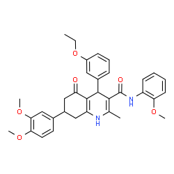 ChemSpider 2D Image | 7-(3,4-Dimethoxyphenyl)-4-(3-ethoxyphenyl)-N-(2-methoxyphenyl)-2-methyl-5-oxo-1,4,5,6,7,8-hexahydro-3-quinolinecarboxamide | C34H36N2O6