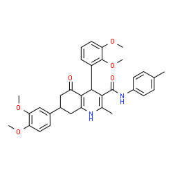 ChemSpider 2D Image | 4-(2,3-Dimethoxyphenyl)-7-(3,4-dimethoxyphenyl)-2-methyl-N-(4-methylphenyl)-5-oxo-1,4,5,6,7,8-hexahydro-3-quinolinecarboxamide | C34H36N2O6