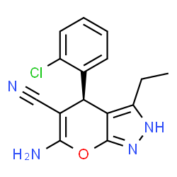 ChemSpider 2D Image | (4R)-6-Amino-4-(2-chlorophenyl)-3-ethyl-2,4-dihydropyrano[2,3-c]pyrazole-5-carbonitrile | C15H13ClN4O