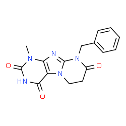 ChemSpider 2D Image | 9-Benzyl-1-methyl-6,7-dihydropyrimido[2,1-f]purine-2,4,8(1H,3H,9H)-trione | C16H15N5O3