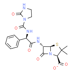 ChemSpider 2D Image | (2R,5R,6S)-3,3-Dimethyl-7-oxo-6-{[(2R)-2-{[(2-oxo-1-imidazolidinyl)carbonyl]amino}-2-phenylacetyl]amino}-4-thia-1-azabicyclo[3.2.0]heptane-2-carboxylate | C20H22N5O6S