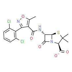 ChemSpider 2D Image | (2R,5R,6S)-6-({[3-(2,6-Dichlorophenyl)-5-methyl-1,2-oxazol-4-yl]carbonyl}amino)-3,3-dimethyl-7-oxo-4-thia-1-azabicyclo[3.2.0]heptane-2-carboxylate | C19H16Cl2N3O5S