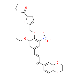 ChemSpider 2D Image | Ethyl 5-({4-[(1E)-3-(2,3-dihydro-1,4-benzodioxin-6-yl)-3-oxo-1-propen-1-yl]-2-ethoxy-6-nitrophenoxy}methyl)-2-furoate | C27H25NO10