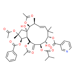 ChemSpider 2D Image | (2R,3R,3aS,4S,6S,7S,8S,10E,12S,13S,13aS)-2,4,13-Triacetoxy-3-(benzoyloxy)-7,13a-dihydroxy-6-(isobutyryloxy)-2,9,9,12-tetramethyl-5-methylene-2,3,3a,4,5,6,7,8,9,12,13,13a-dodecahydro-1H-cyclopenta[12]a
nnulen-8-yl nicotinate | C43H53NO14