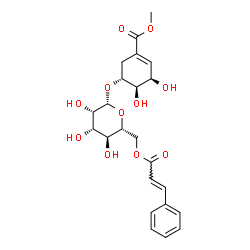 ChemSpider 2D Image | Methyl (3R,4R,5R)-3,4-dihydroxy-5-({6-O-[(2E)-3-phenyl-2-propenoyl]-beta-D-mannopyranosyl}oxy)-1-cyclohexene-1-carboxylate | C23H28O11