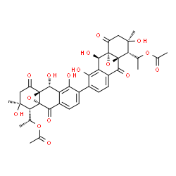 ChemSpider 2D Image | (1R)-1-[(1S,1'S,2R,2'R,10R,10'R,11R,11'S,12S,12'R)-11'-(1-Acetoxyethyl)-2,2',4,4',12,12'-hexahydroxy-12,12'-dimethyl-9,9',14,14'-tetraoxo-5,5'-bi(15-oxatetracyclo[8.4.1.0~1,10~.0~3,8~]pentadecane)-3,3
',5,5',7,7'-hexaen-11-yl]ethyl acetate | C38H38O16