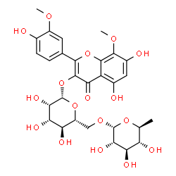 ChemSpider 2D Image | 5,7-Dihydroxy-2-(4-hydroxy-3-methoxyphenyl)-8-methoxy-4-oxo-4H-chromen-3-yl 6-O-(6-deoxy-alpha-L-glucopyranosyl)-beta-D-mannopyranoside | C29H34O17