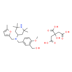 ChemSpider 2D Image | [2-Methoxy-5-({[(5-methyl-2-furyl)methyl](2,2,6,6-tetramethyl-4-piperidinyl)amino}methyl)phenyl]methanol 2-hydroxy-1,2,3-propanetricarboxylate (1:1) | C30H44N2O10