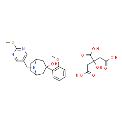 ChemSpider 2D Image | 3-(2-Methoxyphenyl)-8-{[2-(methylsulfanyl)-5-pyrimidinyl]methyl}-8-azabicyclo[3.2.1]octan-3-ol 2-hydroxy-1,2,3-propanetricarboxylate (1:1) | C26H33N3O9S