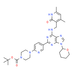 ChemSpider 2D Image | 2-Methyl-2-propanyl 4-{5-[6-{[(4,6-dimethyl-2-oxo-1,2-dihydro-3-pyridinyl)methyl]amino}-9-(tetrahydro-2H-pyran-2-yl)-9H-purin-2-yl]-2-pyridinyl}-1-piperazinecarboxylate | C32H41N9O4