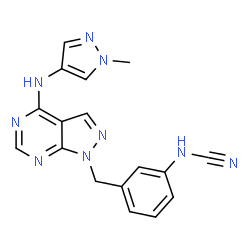 ChemSpider 2D Image | [3-({4-[(1-Methyl-1H-pyrazol-4-yl)amino]-1H-pyrazolo[3,4-d]pyrimidin-1-yl}methyl)phenyl]cyanamide | C17H15N9